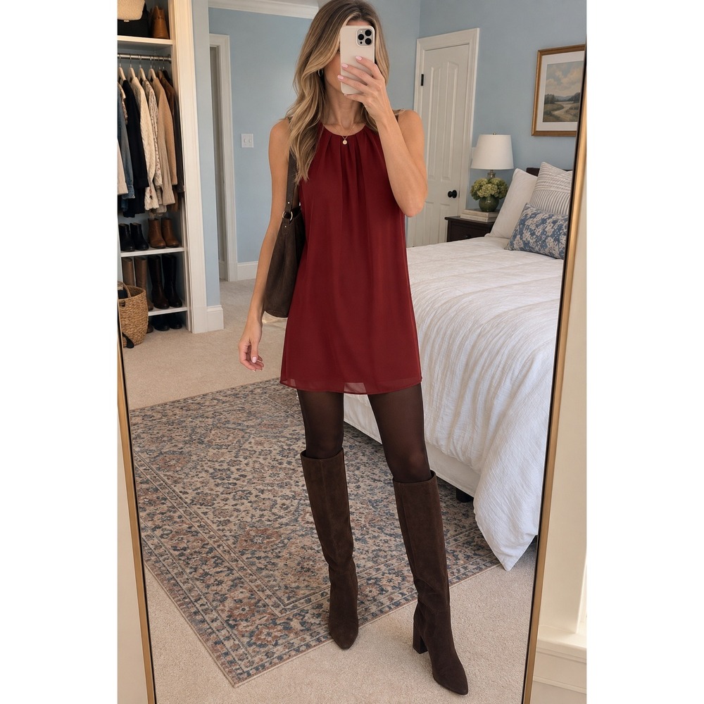 Forever 21 Burgundy Pleated Neck Sleeveless Shift Mini Dress Size Small